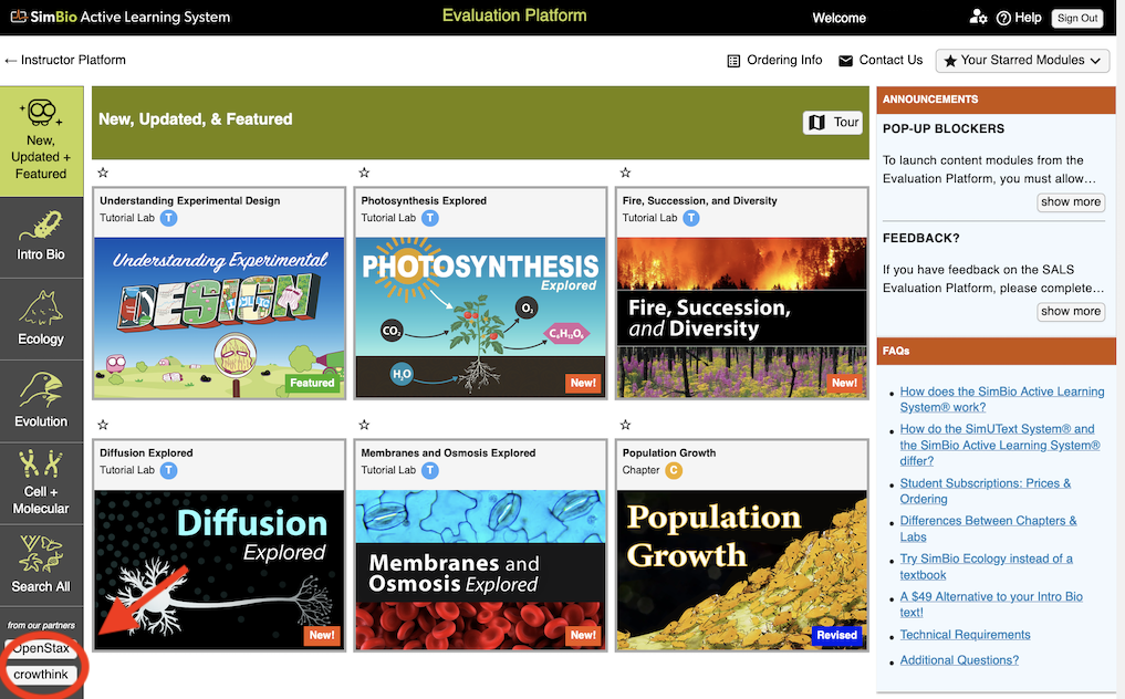Locating partner content in the SimBio Active Learning System Evaluation Platform